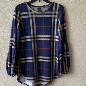 Blue Plaid Bishop Sleeve Women’s Tunic Top